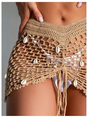 Women's Crochet Hollow Out Beach Skirts Shell Drawstring Swimsuit Bathing Suit Coverups2