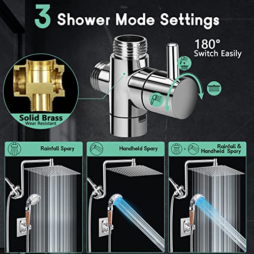 Filtered Shower Head With Led, 10'' Rain Shower Head With Upgraded 12'' Curved Adjustable Extension Arm, High Pressure Color Changing Led Handheld Shower Head With Filter Beads For Hard Water, Chrome #TOP5