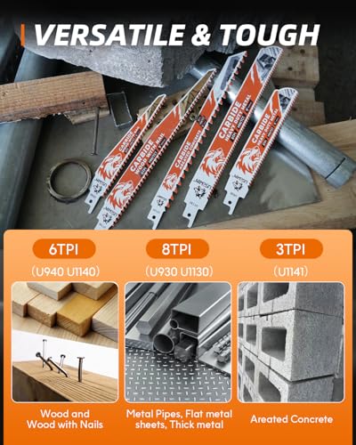 Image of 5 Pack Carbide Reciprocating Saw Blade Set, Premium Metal Blades Set for Nail Embedded Wood, Concrete, Heavy Metal, Alloy Steel Cutting, Heavy-Duty for Demolition