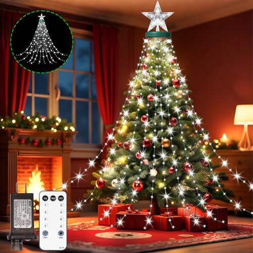 Christmas Tree Lights with Ring for Tree, 410LED Christmas String Lights with Star Topper, 6.6FT x 16 Lines Fairy Lights with 8 Modes Timer Remote for Indoor Outdoor Xmas Tree Decorations, Pure White