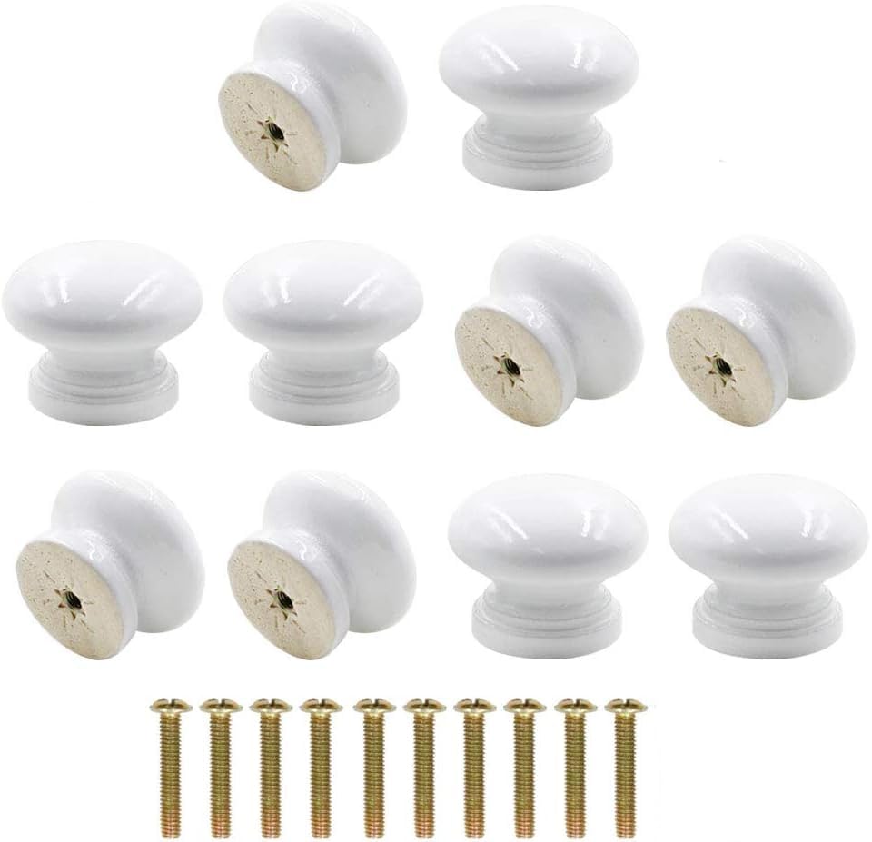 木製 取っ手 つまみ ノブ 木製キャビネットハンドル ウッド 引き出し 家具 食器棚 DIY用 タンス 引きノブ ドアノブ 金具ネジ付き 10個 (ホワイト)