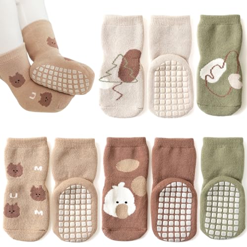 Bigqin 4 Paires Chaussettes Bébé pour Filles Garçons Épaissir Hiver Chaud Mignon Animal Dessin Animé Toddler Enfants Chaussettes Antidérapantes en Coton, Jaune/Café/Kaki/Vert, pour 1-3 Ans