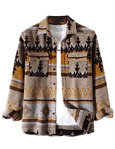 Image of FindThy Men's Brushed Flannel Shirts Ethnic Aztec Print Button Up Lapel Tribal Shirt Jacket Shacket