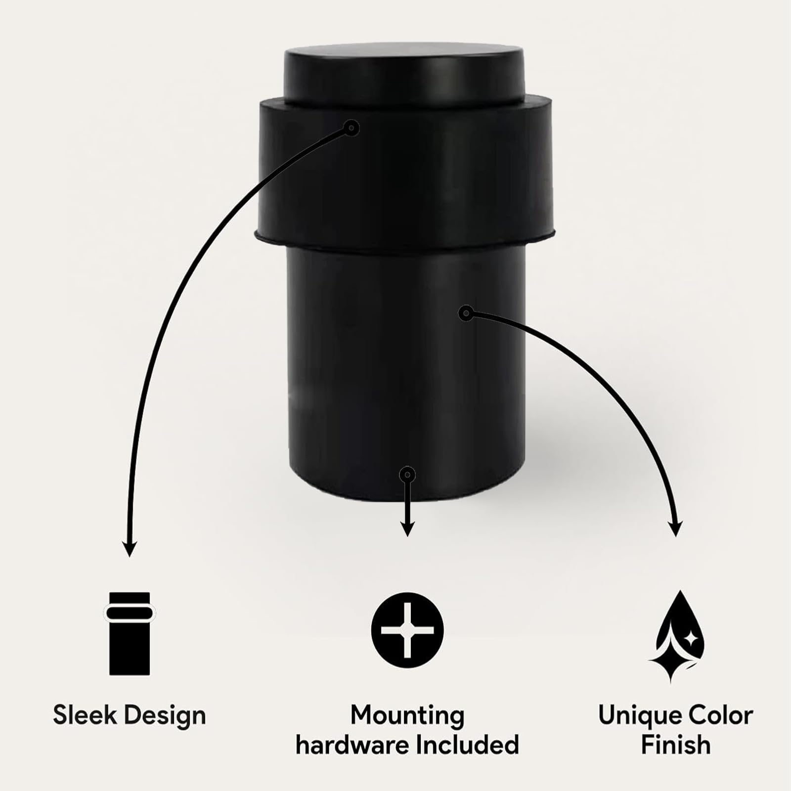 KHTUMEWARE 3801 cylindrical floor door stop dimension diagram, 1-1/2 in (38 mm) overall height, 1.38 in (35 mm) max diameter, Matte Black.