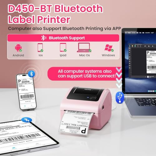 Image of Bluetooth Shipping Label Printer with 3 Roll Labels, D450BT Pink Thermal Label Printer 4x6 for Small Business, Thermal Printers Come with 750PCS 4x6 White Labels (250 Labels /Roll)