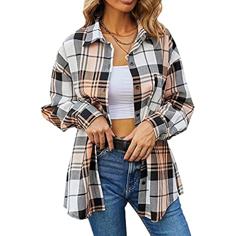 SAFRISIOR Women’s Flannel Plaid Shirts Oversized Batwing-Sleeve Button Down Long Sleeve Collar Shirt Blouse Tops, Orange&bkwh, Medium Cover