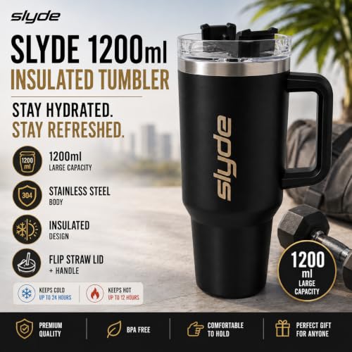 Image of Slyde 1200ml Stainless Steel Insulated Tumbler with Handle | Double Wall Vacuum Travel Mug | Leakproof Lid | Includes 2 Straws (1 Stainless Steel & 1 Plastic) | BPA Free Black