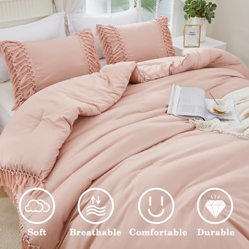 Image of Andency Pink Comforter Set Queen, 3 Pieces Boho Tassel Lightweight Soft Bedding Comforter Sets, All Season Fluffy Fringe Bed Set (90x90In Comforter & 2 Pillowcases)
