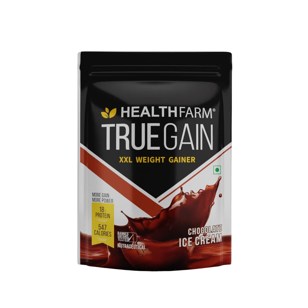 Healthfarm True Gain XXL Mass Building Weight Gainer, Muscle Mass Gains, w/18g Protein, 2.25 g Creatine, High Calories, True gain mass gainer big muscles, Chocolate Ice Cream, 1kg