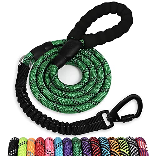 Rope Dog Leash 5 FT: Heavy Duty Leashes with Swivel Lockable Hook Reflective Threads Bungee and Padded Handle - Dog Lead for Large Small Medium Dogs Outside Walking Hiking Green