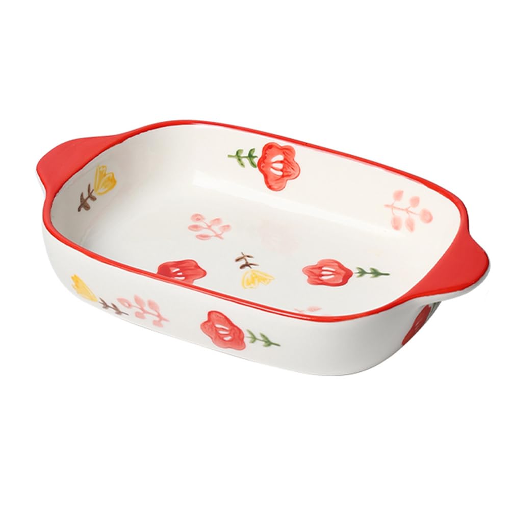 Dxcaicc Red Lasagne Dish Porcelain Thickened 0.4Cm Thickened Bowl Wall Colorful Four-Season Flower Color Glaze Smooth Double-Ear Handle Stable To Hold Baking Tray,
