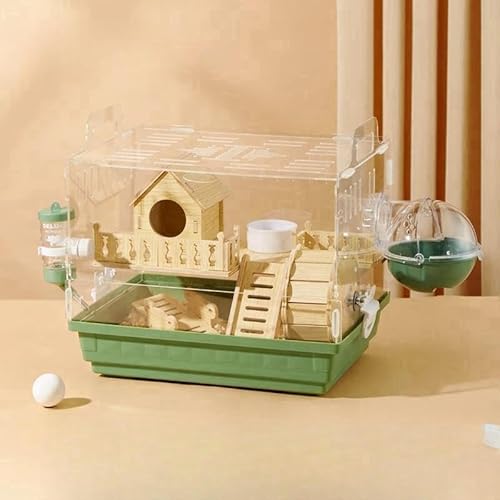 NICE FIVE ゴールデンハムスター ケージ 透明 クリアケージ クリアゲージ ハムスターゲージ小 モルモット アクリル 飼育箱 設備の整いました (木の家+シーソー,グリーン)