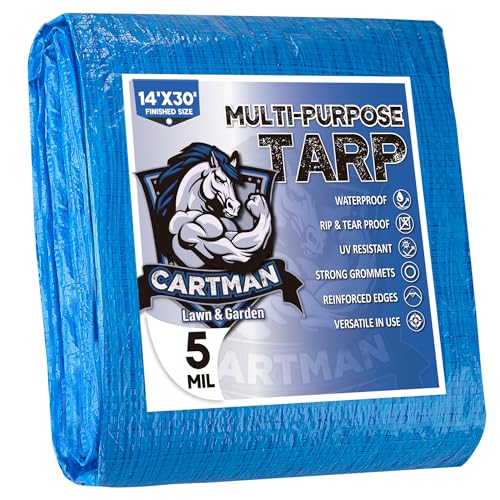CARTMAN Finished Size 14x30 Feet Blue Poly Tarp 5 Mil Thick, Multipurpose Protective Cover for Camping, Tent, Boat, RV, Car