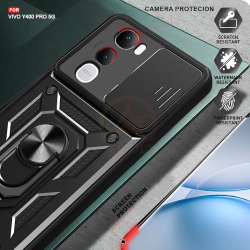 Image of Armor Bumper Back Cover Case for Vivo Y400 Pro 5G | Rotating Camera Cover, Ring Holder & Kickstand | Heavy Duty & 360 Degree Protection Vivo Y400 Pro 5G Back Cover (Black)