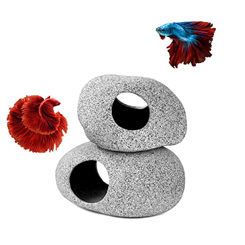 Aquarium Decoration Rock Caves, Hideaway for Shrimp Cichlid Hiding Breeding Spawning, Professional Hideout Decor for Territorial Fish (2 Pieces Set)