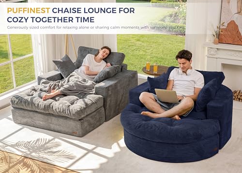Image of MAXYOYO Modular Sectional Chaise Lounge Sofa, 2 Sets Upholstered Lounge Chair with Ottoman, Comfy Round+ Square Couch with Layered Cushion, Tufted Sleeper Chair for Living Room, No Assembly, Navy