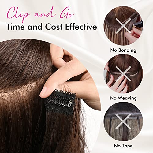 REECHO Clip in Extensions, 5 Teile Haarverlängerungen zum Einclipsen dicke lange lockere Wellen Haarverlängerungen Unsichtbare Spitze Flechte Natürliche - Aschbraun mit Platium-Highlights