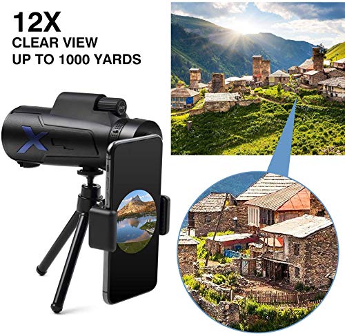 Monocular Telescope 12x50 High Power IPX7 Waterproof FMC BAK4 Prism with Tripod&Smartphone Adapter for Wildlife Bird Watching Hunting Camping Travelling Wildlife Secenery