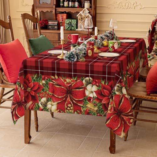 Softalker Christmas Rectangle Tablecloth Red Checkered Flower Xmas Table Cloths, Washable Polyester Fabric Table Covers for Dining, Parties & Holiday Decor(60 x 84 Inch) – Image 3