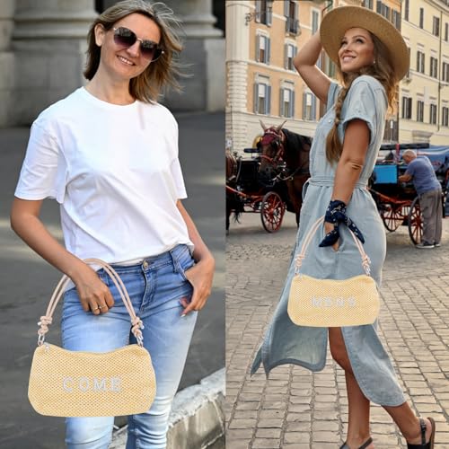 Image of 1pcs Straw Shoulder Bag Handmade Woven Mesh Hobo Tote Bag Summer Beach Casual Straw-woven Shoulder Handbag and 26 Letters Pearl Iron-on Patches for Women Swimming Pool Accessories