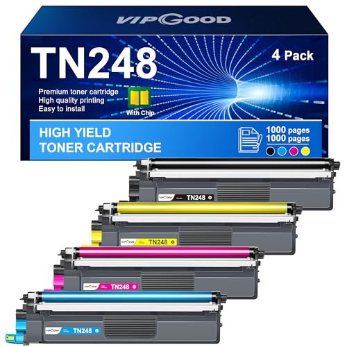 VIPGOOD TN248 TN-248CMYK Toner avec puce compatible pour Brother TN 248 TN248XL TN-248 pour MFC-L3740CDW DCP-L3560CDW MFC L3760CDW DCP-L3520CDW HLL3240CDW HL-L3220CW (Noir Cyan Jaune Magenta, 4-Pack)