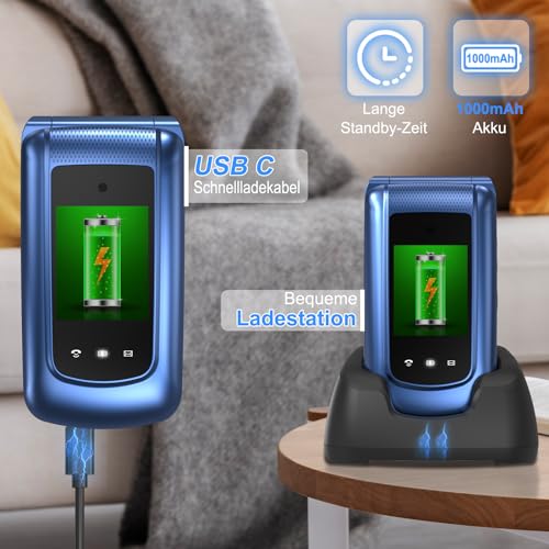 4G Klapphandy Seniorenhandy mit Großen Tasten Handy, Dual-SIM Flip Mobiltelefon mit Ladestation | SOS Notruffunktion | Kurzwahl | Taschenlampe | FM-Radio | 2,4+1.77 Zoll Dual Farbdisplay | Blau