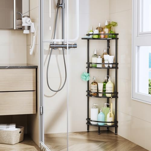 Image of HapiRm Standing Corner Shower Caddy - 4 Tier Shower Organizer Corner with Soap Holder and 4 Hooks, Rustproof Bathroom Storage Shelves with Adhesives, Black