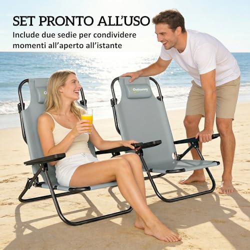 Outsunny Set Di 2 Sedie Da Spiaggia Pieghevoli Con Schienale Regolabile A 5 Livelli, Sedie Da Campeggio Portatili Con Braccioli, Poggiatesta, Grigio Chiaro - 4