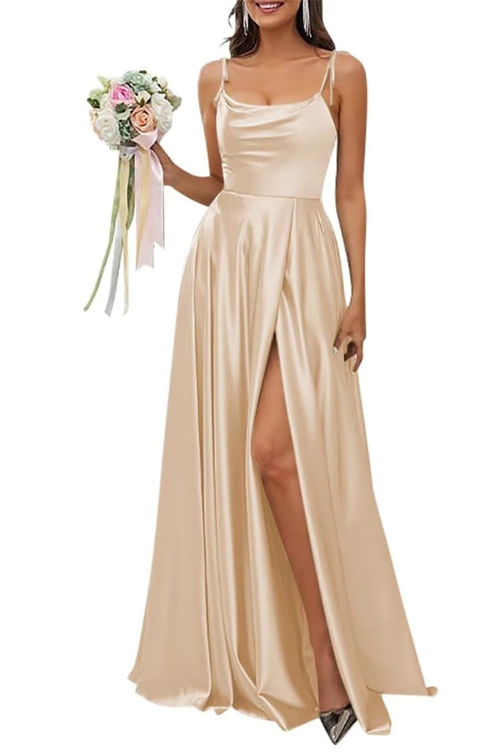Hppee Women's Champagne Satin Bridesmaid Dresses For Wedding Cowl Neck Spaghetti Strap A Line Long Formal Dress With Slit Uk6