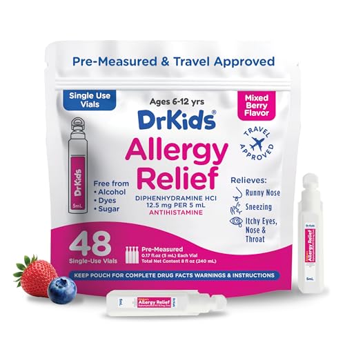 Image of Dr. Kids Children's Allergy Relief Medicine with Diphenhydramine HCl 12.5 mg - Pre-Measured Single-Use Vials, Kids Antihistamine for Sneezing, Runny Nose & Itchy Eyes, Mixed Berry Flavor, 48 Count