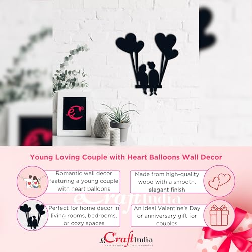 Image of eCraftIndia Young Loving Couple with Hearts Balloons Wooden Cutout Wall Decor for Living Room Bedroom | Valentine Gift for Girlfriend Boyfriend Husband Wife Her Him | Valentine Day Decoration Items