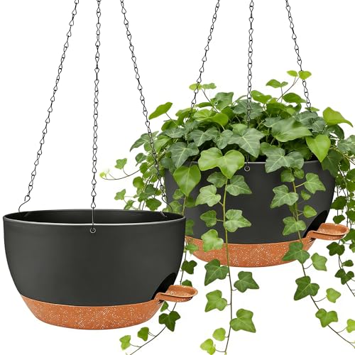 zople 2 Pack 12 Inch Self Watering Hanging Planters for Indoor Plants, Large Black Brown Plastic...