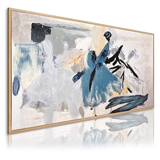 DekoArte – Cuadro Pintado a Mano | Lienzo Decorativo | Cuadro Moderno con Marco Color Madera | Decoración Salón, Dormitorio | Textura Acrílica | Minimalista, Azul, Blanco | 1 Pieza 140x70cm