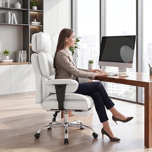 Image of DUMOS Big and Tall Home Office Desk Chair, Ergonomic Executive Chair with Footrest, Computer Gaming Chairs with High Back Reclining, Adjustable Armrests and Comfy Lumbar Support, PU Leather, White