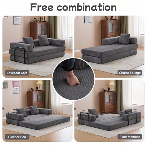 Image of Convertible Floor Sofa Bed, Foldable Mattress Cloud Couch with Pillow Back & Armrest, Corduroy Sleeper Sofa Bed with Fixed-Shape Frame, Compressed Couch for Living Room Bedroom, Dark Gray
