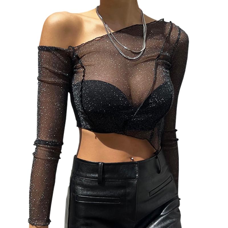 Amazon.com: Anlaey Sheer Tops Glitter Mesh Crop Top Long Sleeve