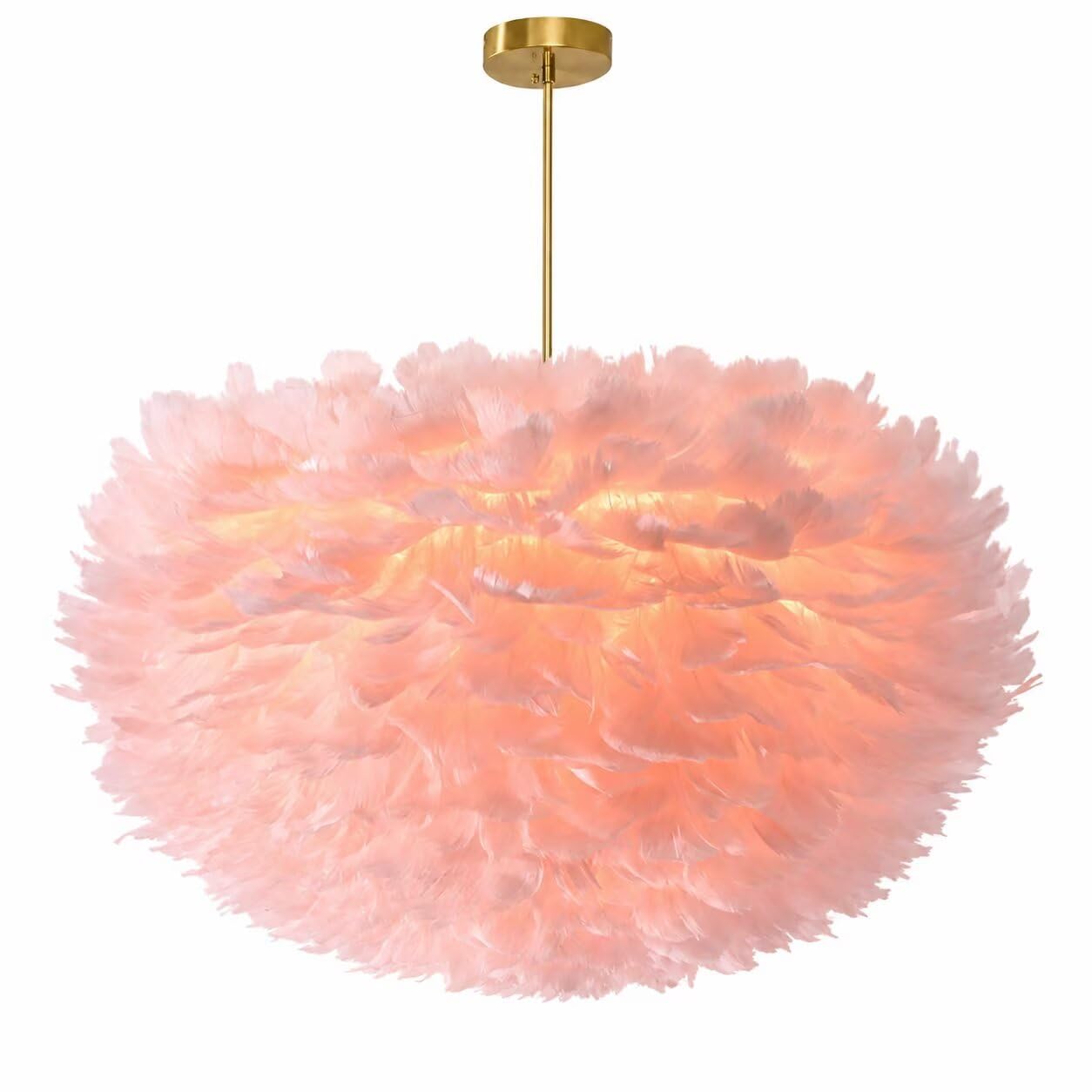 Guanshan 30Cm Pink Goose Feather Ceiling Lamp Foldable Hand-Woven Feather Lampshade Pendent Light Elegant Chandelier For Living Room, Bedroom, Hotel