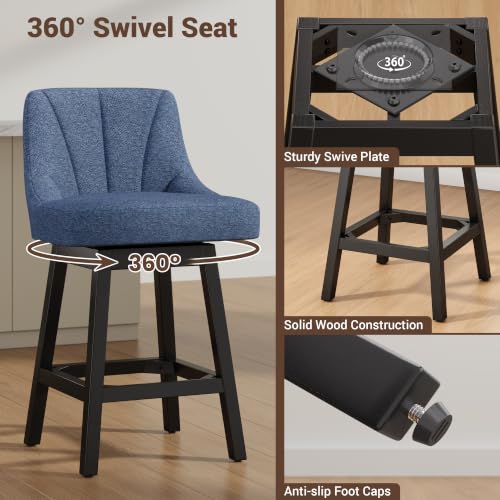 Image of YaFiti 26 inch Fabric Swivel Bar Stool 1 pcs with Back & Wood Leg, Navy Blue | Linen Fabric, Extra Upholstered Seat, Counter Stool, Square Solid Wood Legs, with Backrest & Footrest, for Kitchen Island Bar
