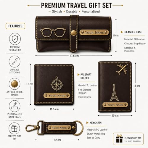 Image of Customized Wallet Combo Gift Set for Men | Faux Leather Wallet, Passport Cover & Keychain with Name & Charm | Personalized Gift for Birthday, Rakhi & Anniversary (Brown wkps)