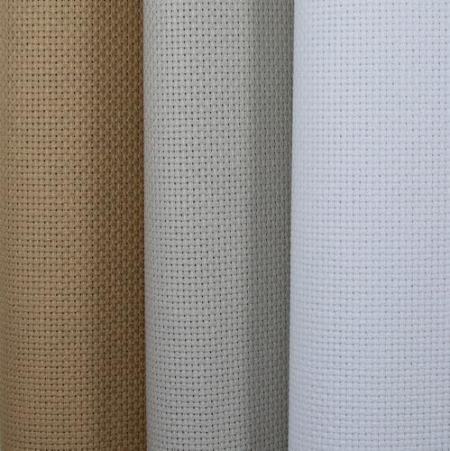 Image of KCS 3 pc of 15 inch x 18 inch(38cmx45cm) Counted Cross Stitch Cotton Aida Cloth Needlework Rolled Fabric Box,14CT,Khaki+Pearl Grey+White