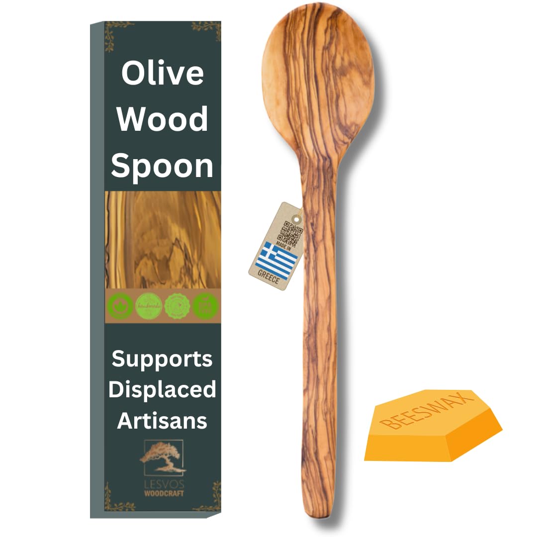 LESVOS WOODCRAFT - Handcrafted Olive Wood Spoon - 11'' Serving and Cooking Spoon, Artisan Utensil