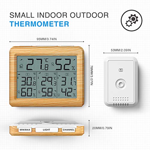 AMIR Indoor Outdoor Thermometer, 3 Channels Digital Hygrometer Thermometer with 3 Sensor, Humidity Monitor Wireless with LCD Display, Room Thermometer and Humidity Gauge for Home(Wooden Yellow)