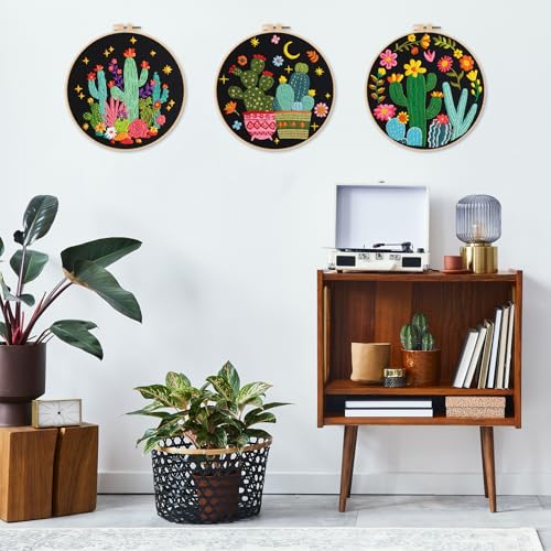 Image of Nuberlic 3 Pack Embroidery Kit for Beginner Adults, Stamped Cross Stitch with Cactus Patterns Include 3 Hoop, Cloth Thread Needles and Instructions