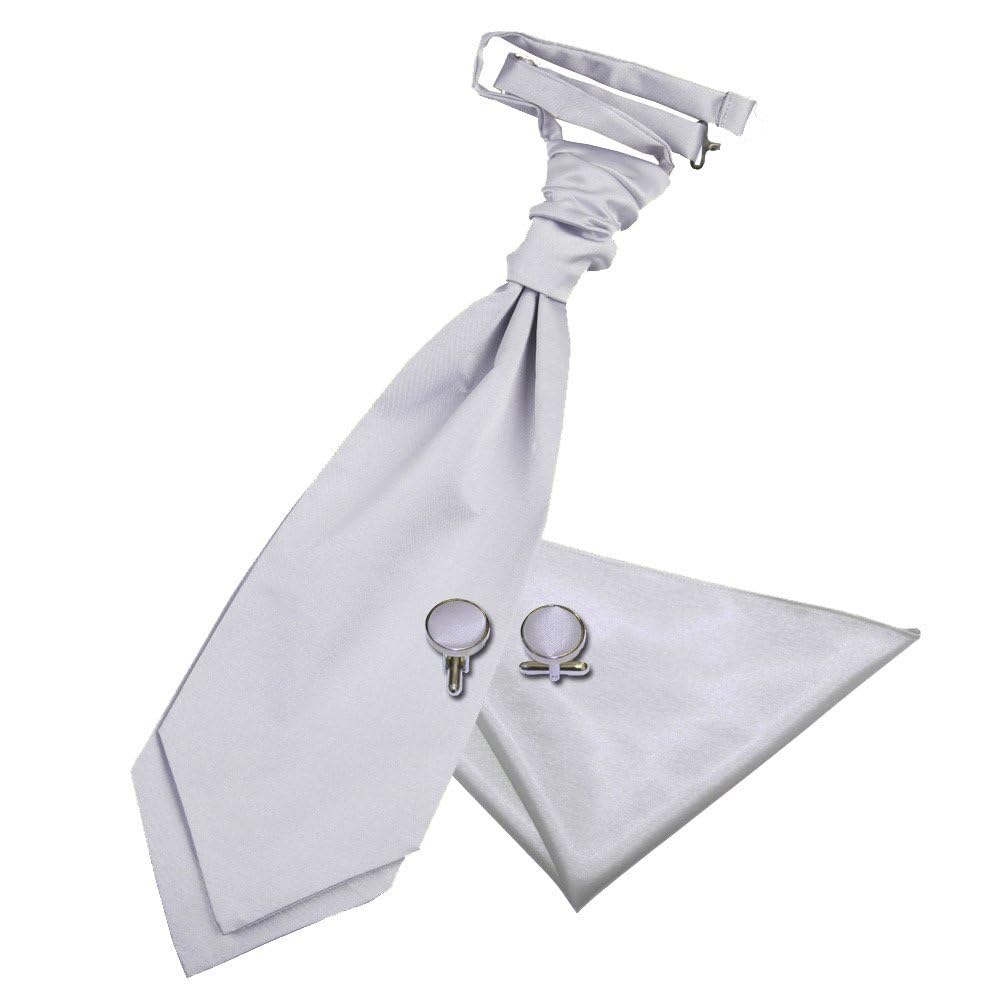 Dqt Men's Silver - Pre-Tied Plain Satin Cravat Ascot Tie & Pocket Square Set With Cufflinks – Wedding Business & Formal - Silver (Pre-Tied)