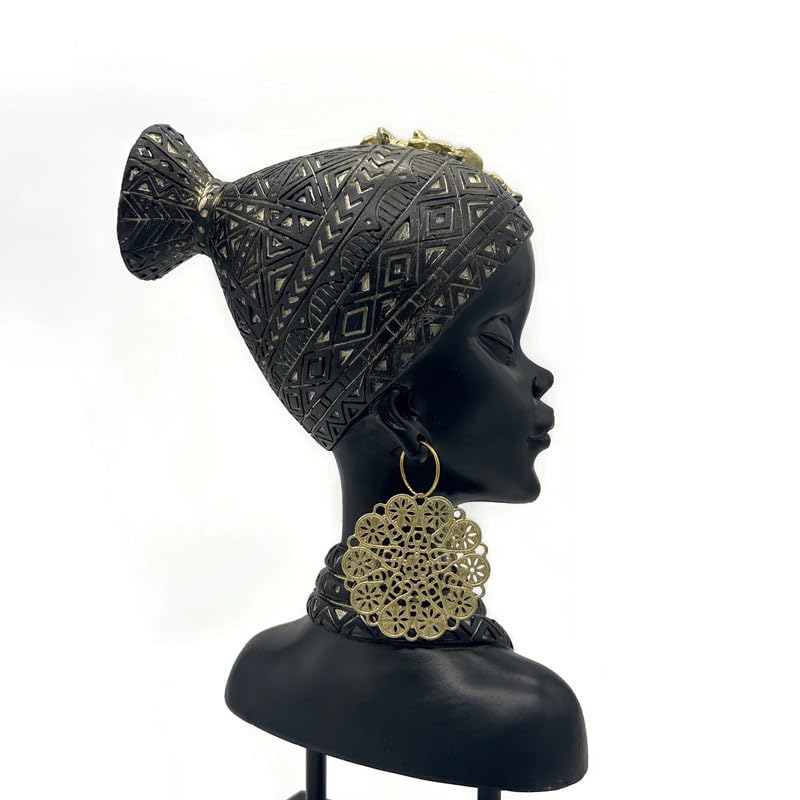 Figura decorativa cabeza mujer africana resina negro y dorado miniatura 5