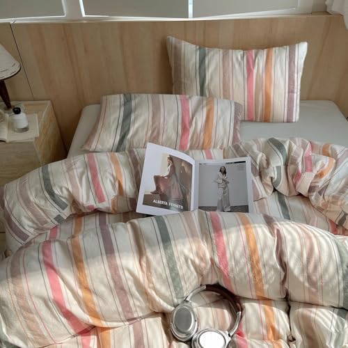 Image of VM VOUGEMARKET Full Duvet Cover Set,Multicolor Stripes Pattern | Soft Breathable Washed Cotton Bedding Striped Duvet Cover with 2 Pillowcases for Teens(Orange /Pink /Green /Coffee)