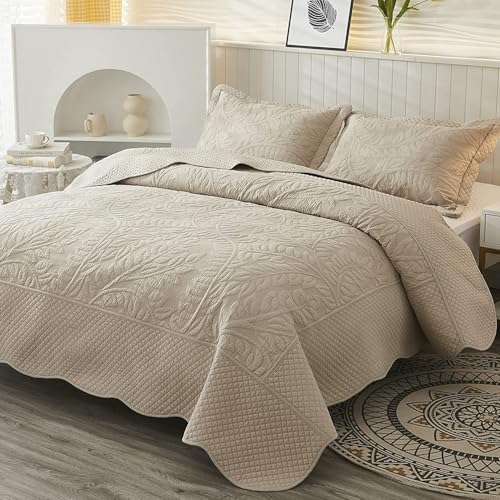 MarCielo 3-Piece 100% Cotton Oversized Bedspread Lightweight Quilt Coverlet Embroidery Farmhouse Bedding Set T0 (Yellowish Beige, Oversized Queen (100"x106"))