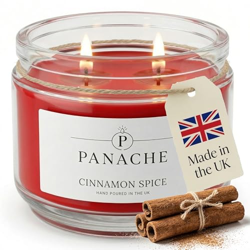 Panache Cinnamon Spice Scented Candle (Christmas Edition) Double Wick Soy Wax Candle 48 Hour Burn Time Hand Poured in UK Clean Burning Cotton Wicks Luxury Glass Jar Candle for Home & Gifts 320g