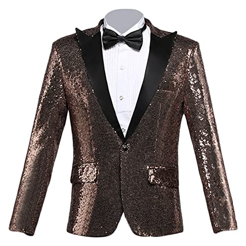 Men's Shiny Sequins Suit Blazer One Button Sequin Festival Party Tuxedo Slim Fit Banquet Prom Wedding Sport Coat (Brown,Small)