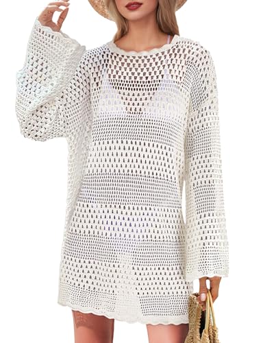 Buauty Crochet Cover Up for Women Swimsuit Summer Long Sleeve Bathing Suit Mesh Knit Dresses Cute Beach Vacation Outfits